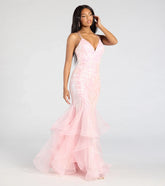 Sylvia Lace-Up Mermaid Tulle Ruffle Sequin Dress