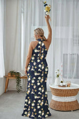 Halter Navy Bloom Sheath Plus Size Bridesmaid Dress