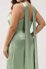 Sage Sheath Satin Plus Size Maxi Bridesmaid Dress