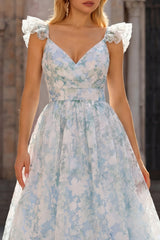 A Line Light Blue Floral Maxi Prom Dress