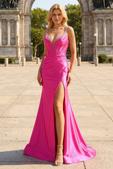 Fuchsia Ruched Corset Mermaid Satin Prom Dress