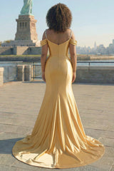 Golden Cold Shoulder Mermaid Satin Plus Size Prom Dress