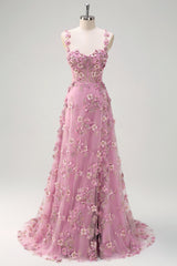 Floral Pink Corset A-Line Long Prom Dress