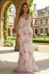 Sparkly Mermaid Pius Size Pink Floral Prom Dress