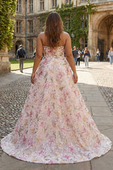 Sparkly Pink Floral A-Line Strapless Plus Size Maxi Prom Dress