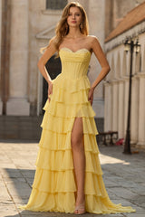 Tiered Yellow Strapless Basque Waist Prom Dress