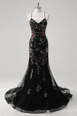 Black Sequin Floral Mermaid Tulle Prom Dress