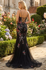 Black Sequin Floral Mermaid Tulle Prom Dress