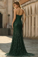 Sparkly Dark Green Strapless Ruched Corset Prom Dress