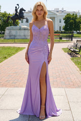 Mermaid Lilac Corset Satin Prom Dress with Appliques