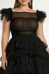 Black A Line Plus Size Tulle Formal Dress with Ruffles