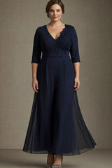 Navy A Line Plus Size Appliqued Mother of the Bride Dress