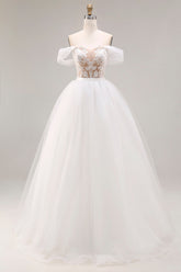 Ivory Off The Shoulder Ball-Gown Lace Tulle Wedding Dress