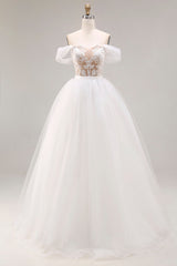 Ivory Off The Shoulder Ball-Gown Lace Tulle Wedding Dress