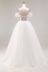 Ivory Off The Shoulder Ball-Gown Lace Tulle Wedding Dress