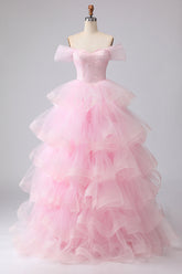Off the Shoulder Pink Tiered Princess Beaded Prom Dress