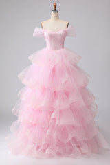 Off the Shoulder Pink Tiered Princess Beaded Prom Dress