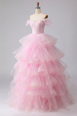 Off the Shoulder Pink Tiered Princess Beaded Prom Dress