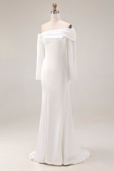 White Off the Shoulder Mermaid Satin Wedding Dress
