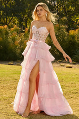 Strapless Pink Corset Tiered Bowed Prom Dress