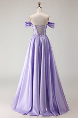 Purple Off The Shoulder A Line Beaded Satin Prom Dress