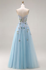 Blue Strapless A Line Corset Sequin Prom Dress with Appliques