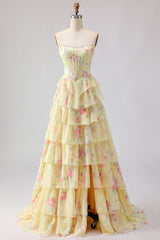 Yellow Floral Tiered Strapless Corset Prom Dress