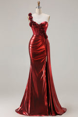 Burgundy Metallic 3D Flower One Shoulder Mermaid Prom Dress