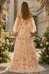 Strapless Floral Champagne A-Line Maxi Prom Dress