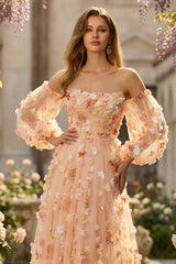 Strapless Floral Champagne A-Line Maxi Prom Dress