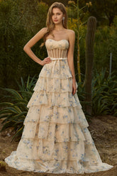 Yellow Blue Floral Strapless Corset Tiered Prom Dress