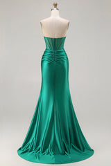 Dark Green Strapless Corset Mermaid Satin Prom Dress