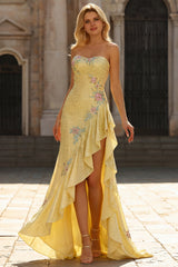 Sparkly Yellow Strapless Mermaid Beaded Prom Dress