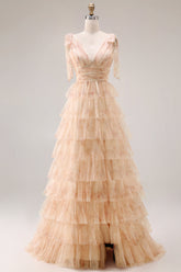 Floral Champagne Tiered V Neck Prom Dress with Bows