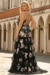 Black Pink Floral Plus Size Tiered Maxi Prom Dress
