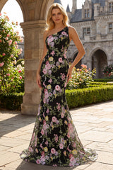 One Shoulder Mermaid Black Floral Prom Dress