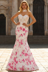 Strapless Mermaid Basque Waist White Floral Lace Prom Dress