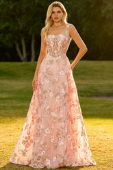 Pink Floral A-Line Corset Appliqued Maxi Prom Dress