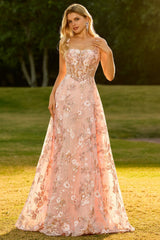 Pink Floral A-Line Corset Appliqued Maxi Prom Dress