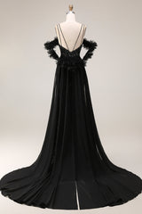 Sparkly Cold Shoulder Black Maxi Prom Dress with Slit
