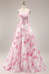 Strapless Basque Waist White Fuchsia Floral A Line Prom Dress
