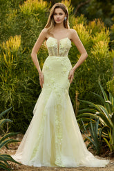 Yellow Strapless Corset Mermaid Prom Dress with 3D Flowers