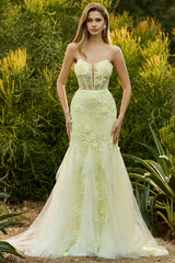 Yellow Strapless Corset Mermaid Prom Dress with 3D Flowers