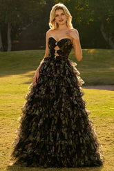 Black Floral Strapless Tiered Cut Out Prom Dress with Bows