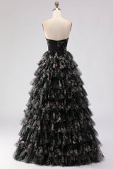 Strapless Tiered Black Floral Cut Out Prom Dress with Bows