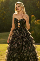 Black Floral Strapless Tiered Cut Out Prom Dress with Bows