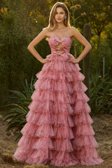 Strapless Tiered Pink Floral Cut Out Bowed Prom Dress