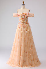 Off the Shoulder Appliqued Champagne A Line Prom Dress