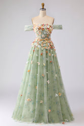 Off the Shoulder Appliqued Green Floral A Line Prom Dress