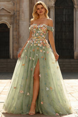 Off the Shoulder Floral Appliqued Green A Line Prom Dress